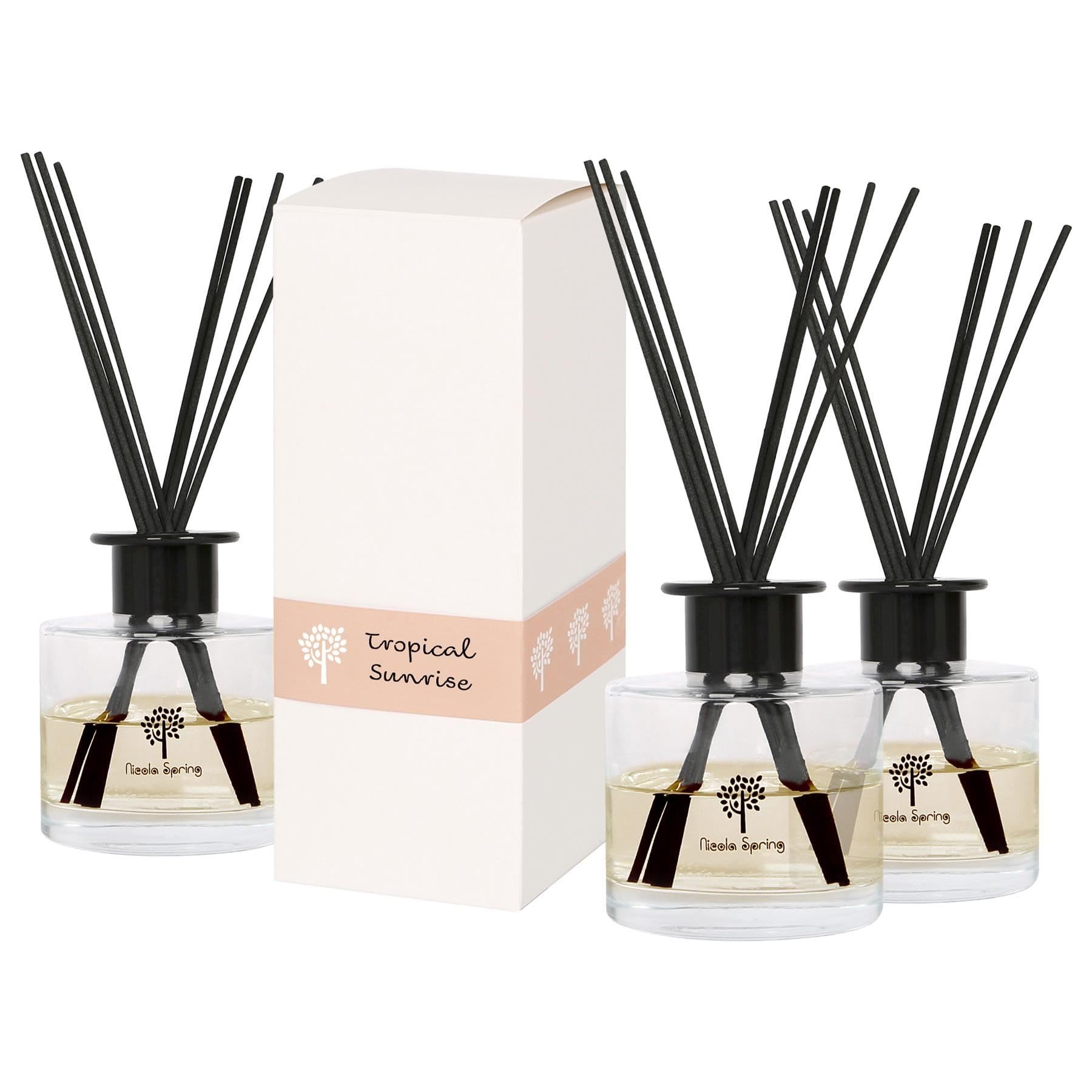 Nicola Spring Glass Reed Diffusers - 200ml - Tropical Sunrise - 3x Home Décor Bathroom Bedroom Room Essential Oil Air Freshener with Scented Sticks 60 Day Fragrance
