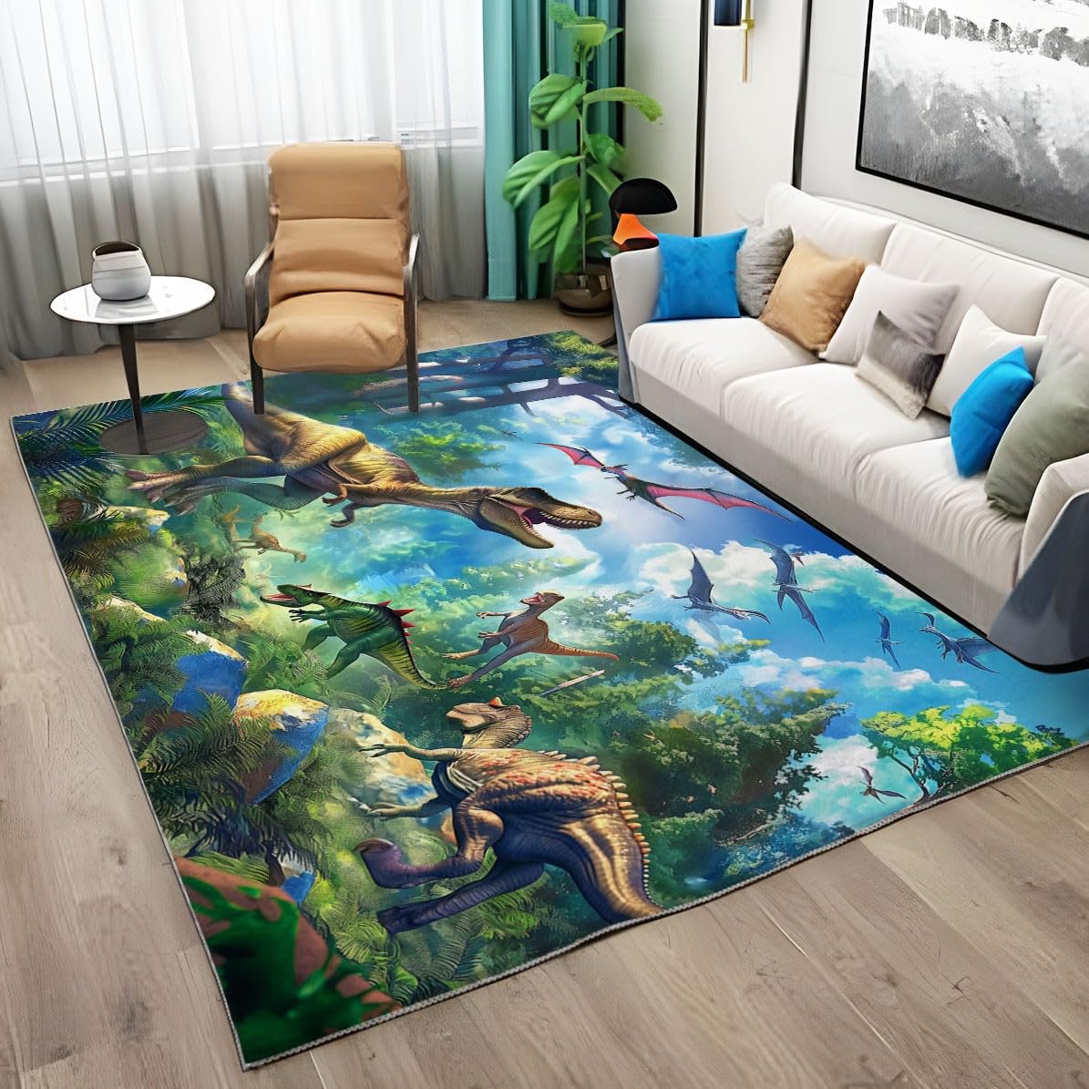 Grüner Dinosaurier Wald Teppich 80x150 cm für Wohnzimmer & Schlafzimmer, Waschbar in Waschmaschine, Weicher Kurzflor Teppich für Kinderzimmer