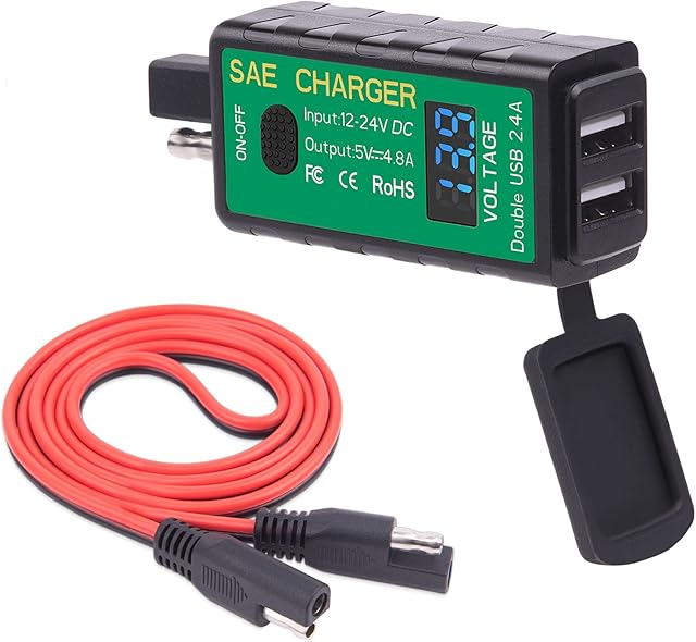 MICTUNING Motorcycle USB Charger SAE to USB Adapter with Voltmeter & ON/Off Switch, Waterproof Dual USB Port Power Socket for Smart Phone Tablet GPS