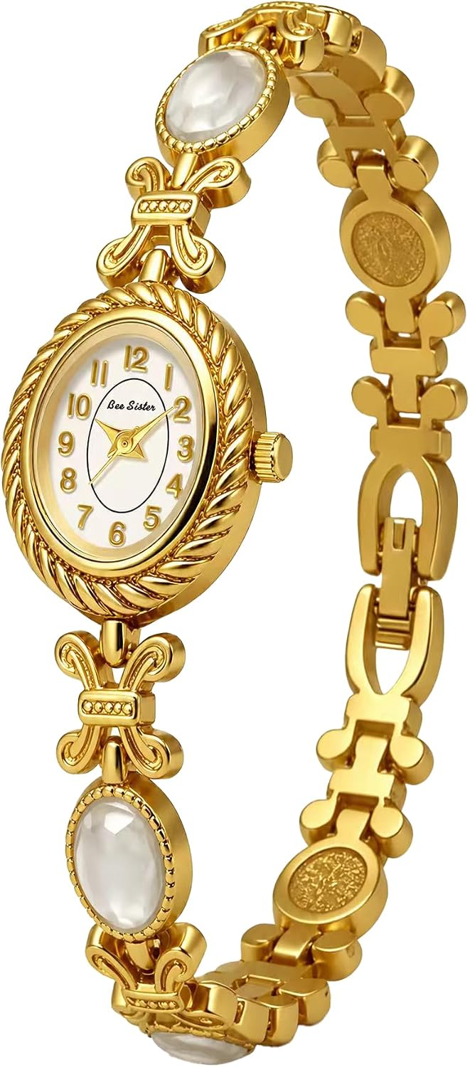 FANMIS Women’s Bracelet Watch Gold Tone Small Oval Bangle Quartz Wristwatch with Jewelry Band, Abalone Shell Accent Slim Dress Watch for Women