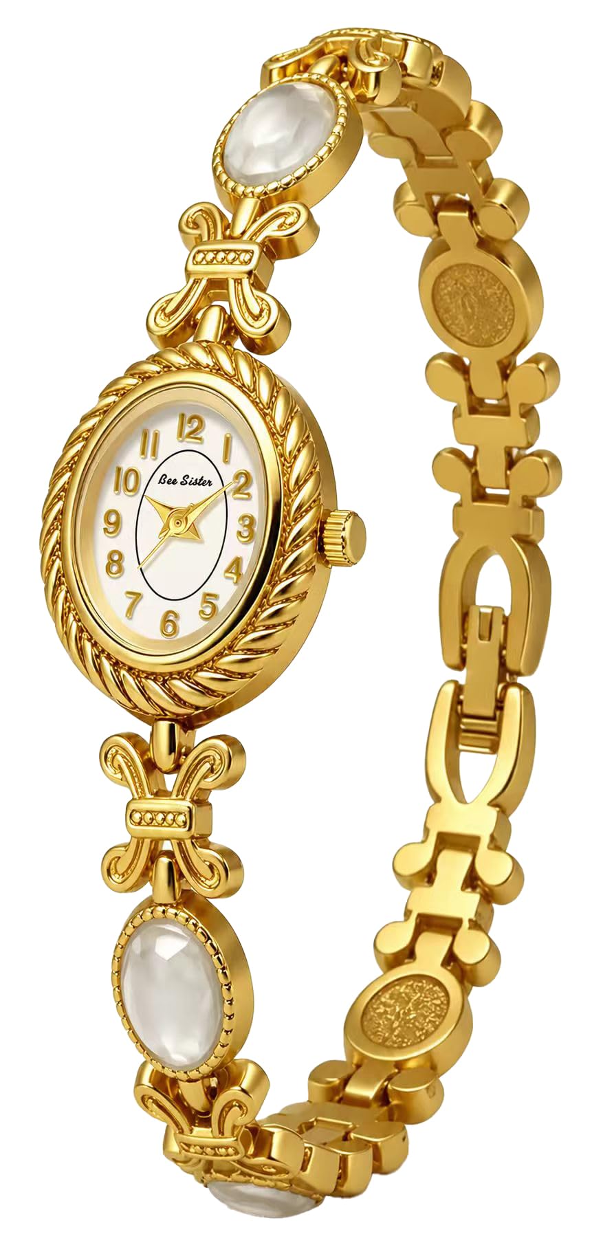 FANMIS Women’s Bracelet Watch Gold Tone Small Oval Bangle Quartz Wristwatch with Jewelry Band, Abalone Shell Accent Slim Dress Watch for Women