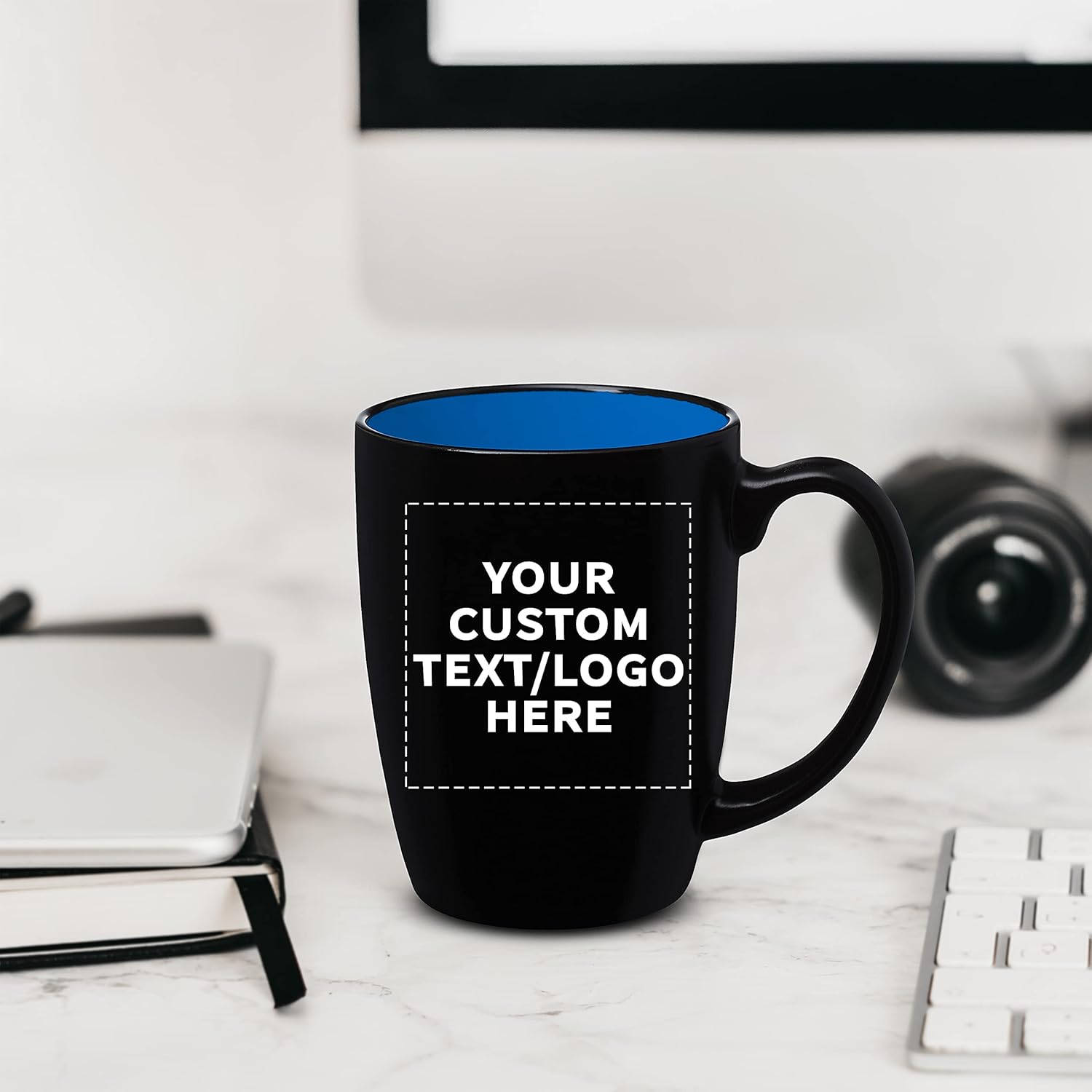 DISCOUNT PROMOS 100 Java Two Tone Coffee Mugs Set, 12 oz. - Customizable Text, Logo - Stoneware, Durable, Easy Grip - BLACKBLUE