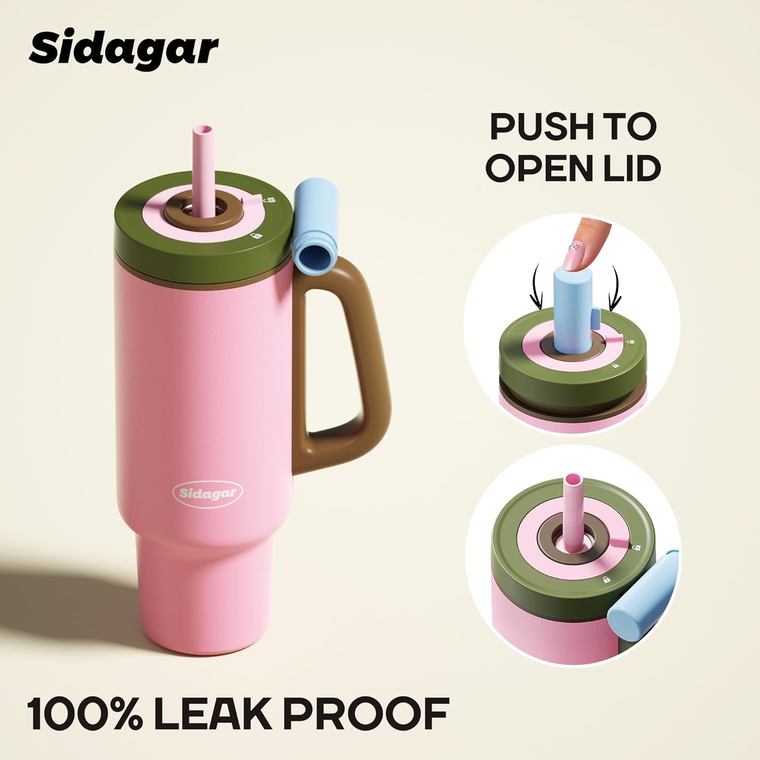 Tumbler with Handle 36 oz,Stainless Steel Water Bottle Vacuum Insulated Cup with Straw,Travel Mug with Lid,Fits Cup Holder, Leak Resistant Press-in Lid,Pink