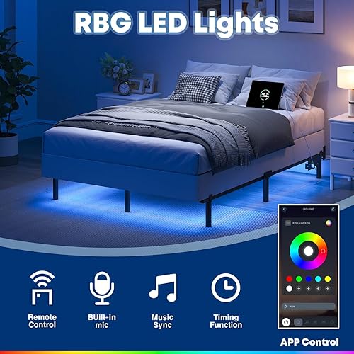 Miniatura 5 de Marco de cama Queen para somier, marco de cama de metal de 7 pulgadas con luces LED, base de cama de soporte de 9 patas, fácil montaje sin