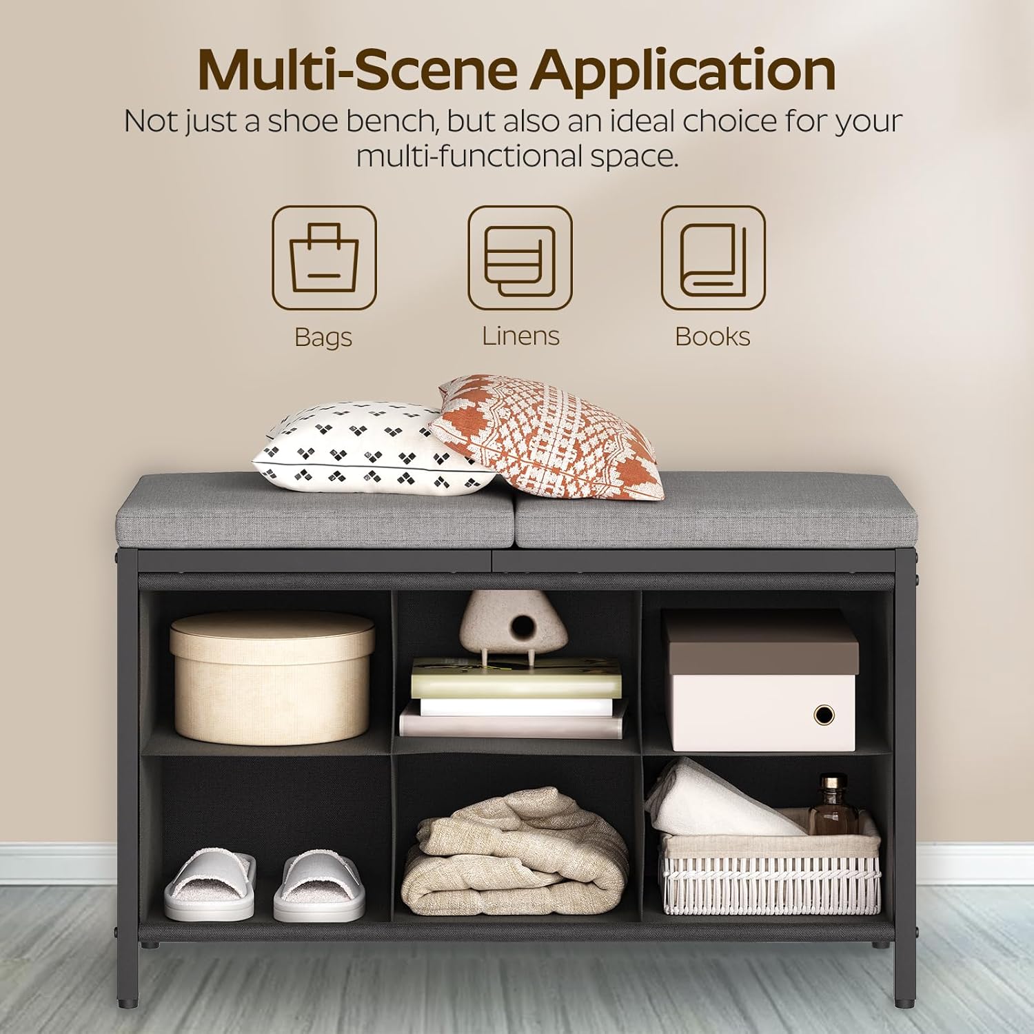 Shoe Storage Bench with Cushion, Entryway Bench, Shoe Rack with Padded Seat and 6 Oxford Compartments, for Closet, Bedroom, Entryway, Black and Gray HX01BK image 5 of 10 B0CX8W93FX