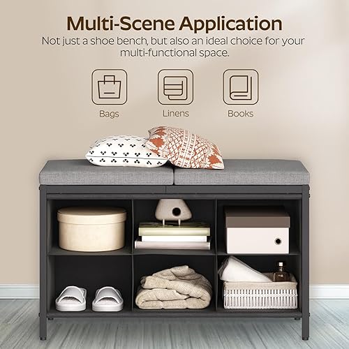Miniatura 5 de Banco para guardar zapatos con cojín, banco para entrada, zapatero con asiento acolchado y 6 compartimentos Oxford, para armario, dormitorio,