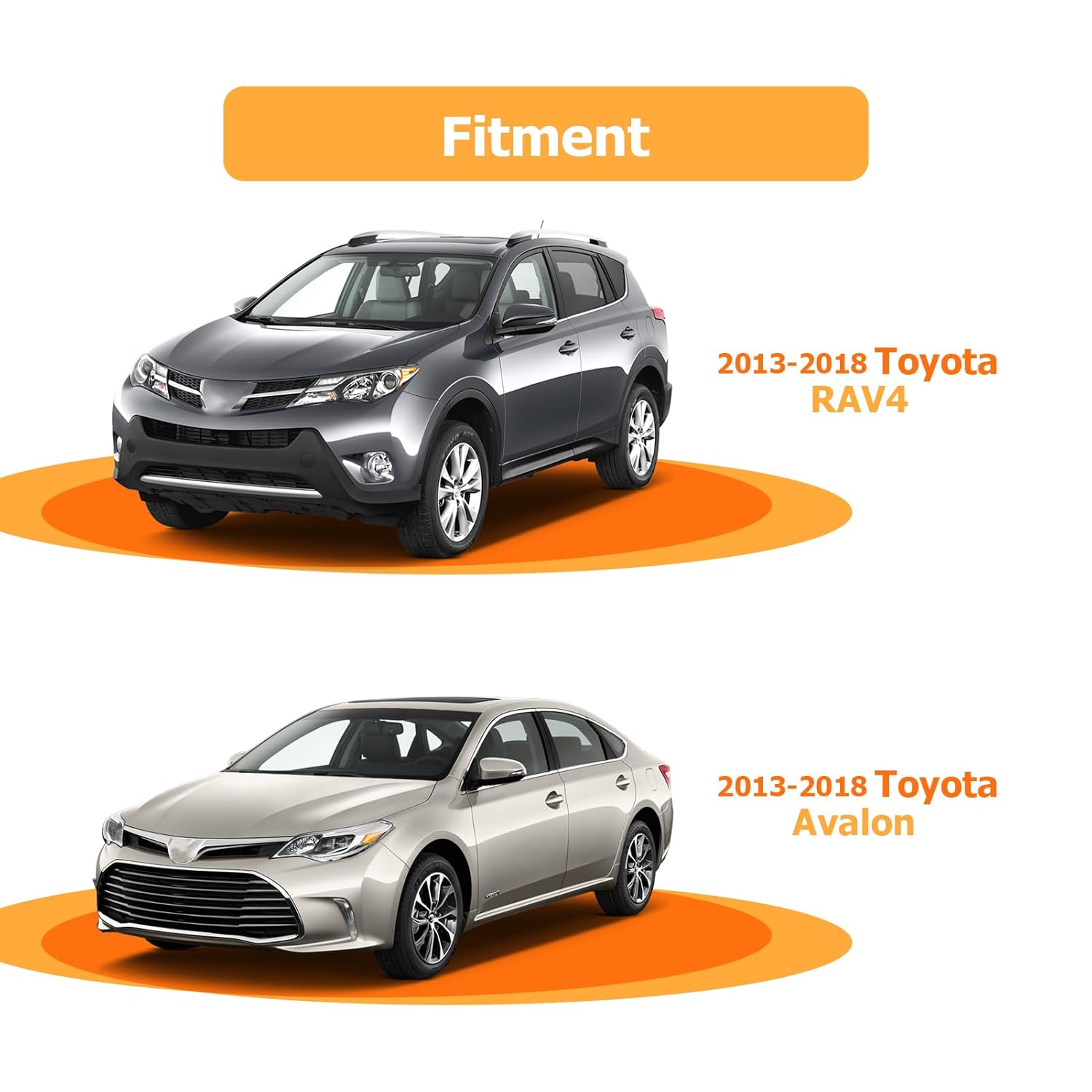 Images of a Toyota RAV4 (2013-2018) and a Toyota Avalon (2013-2018) indicating vehicle compatibility.