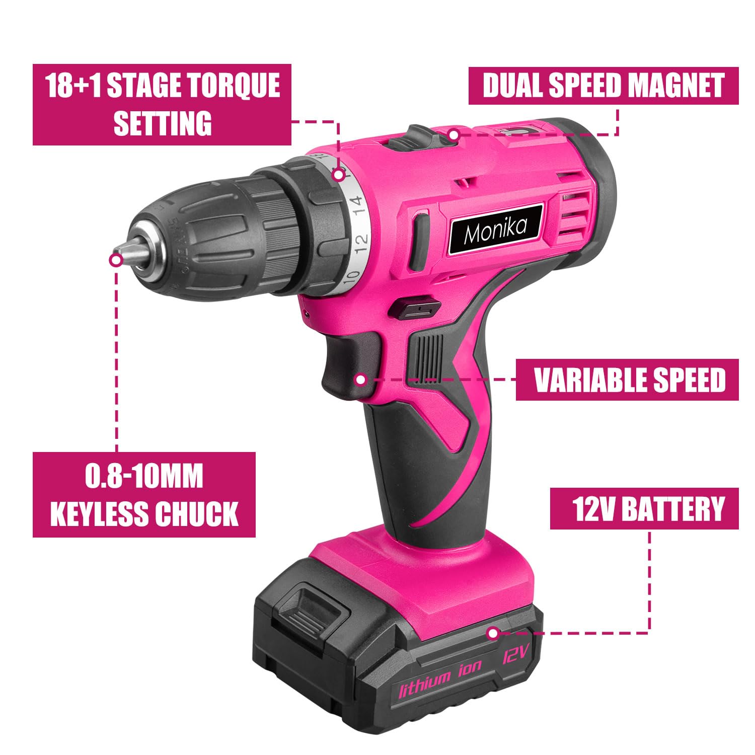 Monika Juego de brocas inalámbricas de litio rosa de 12 V, juego de brocas de tornillo, 18+1 ajuste de par, luz LED, taladro eléctrico para el hogar, oficina, bricolaje y perforación de pared, madera