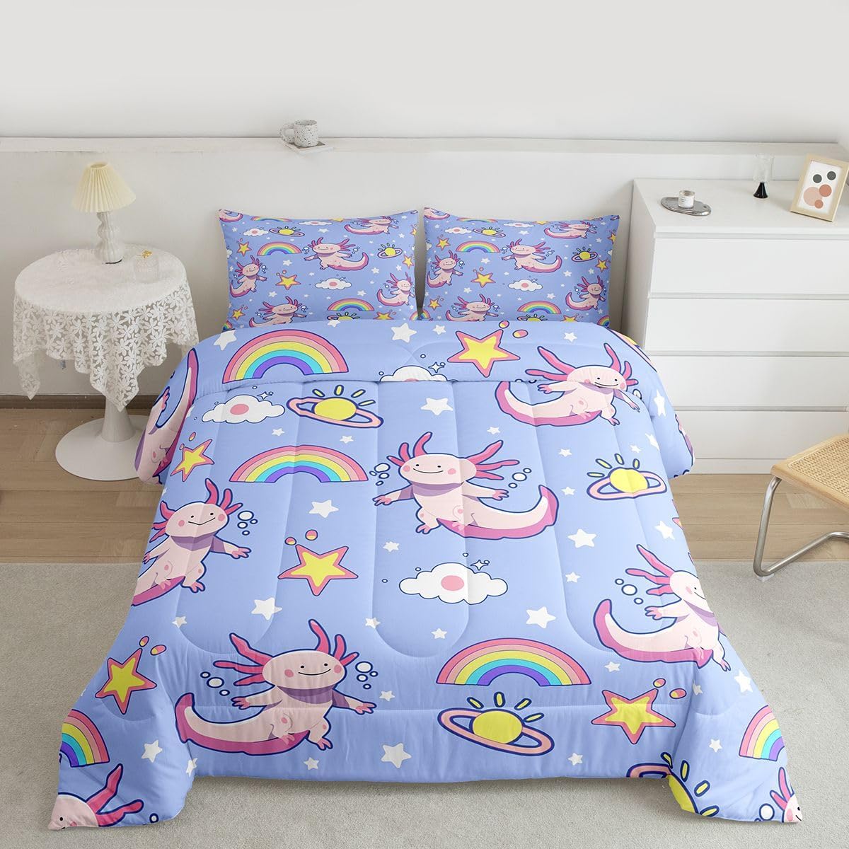 jejeloiu Cute Axolotl Comforter Set for Girls Boys Kids Full Size Rainbow Heart Print Comforter Room Decorations Cartoon Salamander Bedding Set Blue