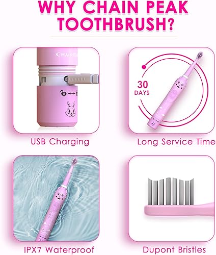 Miniatura 7 de Cepillo de dientes eléctrico sónico para niños, cepillo de dientes inteligente recargable para niños pequeños de 3 a 12 años con recordatorio de 30,