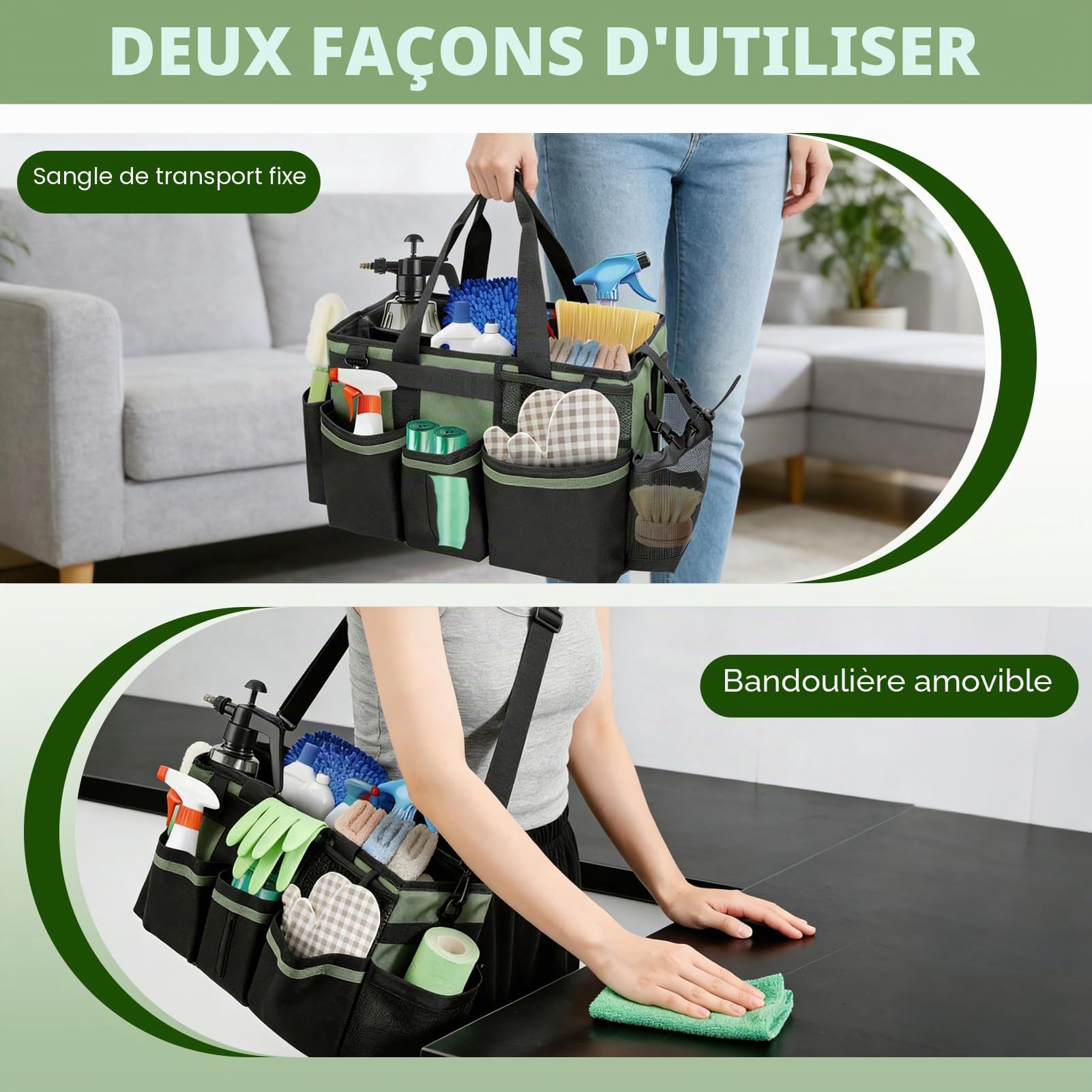 Sac de nettoyage portable en tissu Oxford déperlant avec bandoulière réglable et plaque de fond renforcée – Organiseur de fournitures à séparateurs amovibles pour femme de ménage et nettoyeurs