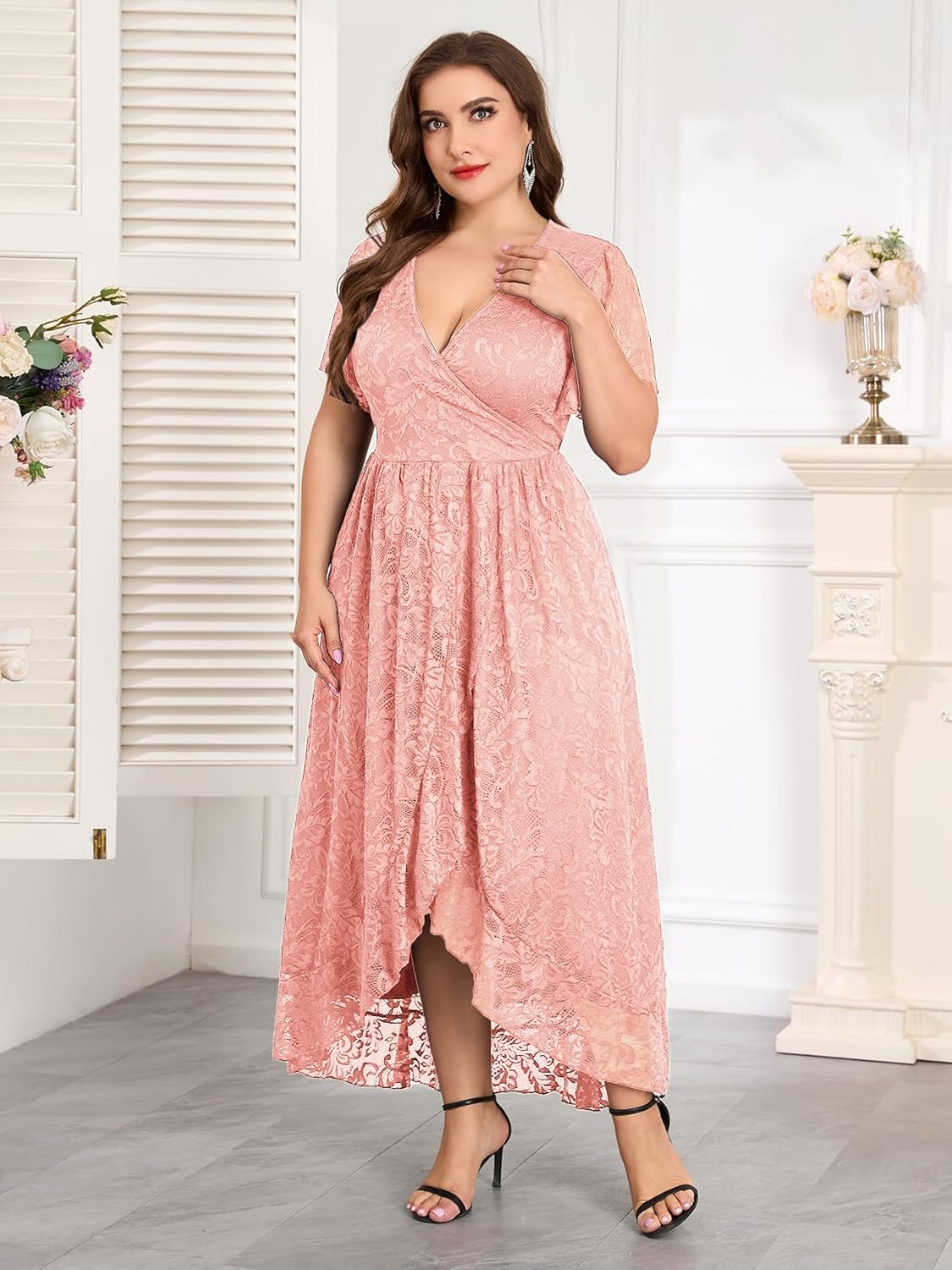 ZOMVA Plus Size Floral Lace Dress Wrap V Neck High Low Ruffle Sleeve Evening Gown Formal Dresses Wedding Guests Cocktail - Image 4
