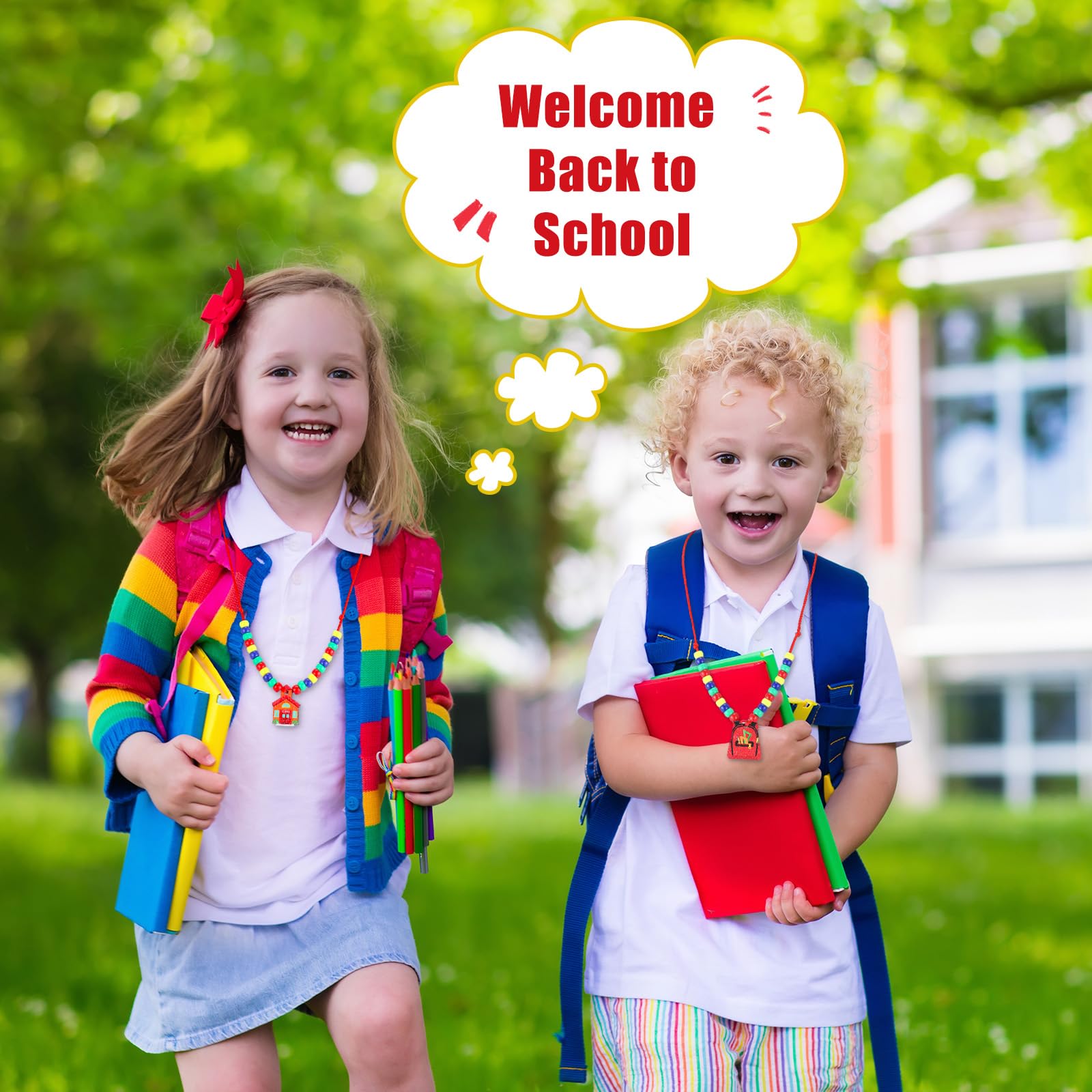 Equsion 24 Sets Back to School Bead Necklace Crafts Kit Welcome First Day of School Craft Gifts for Kids Apple Bus Shape Beads DIY Necklace Supplies Party Favor - Image 6