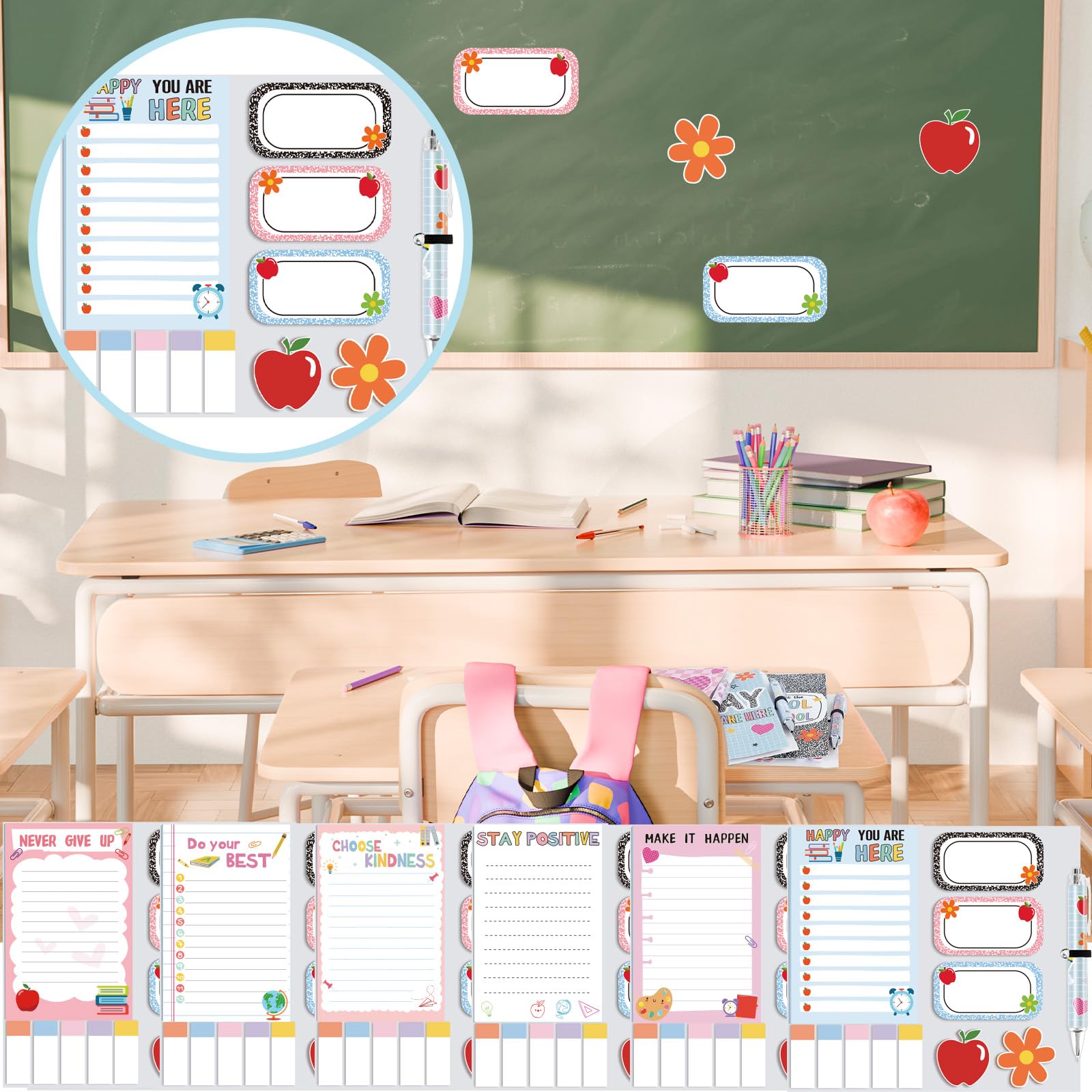 Confezione da 6 foglietti adesivi per il rientro a scuola e penna con scritta "Welcome Back to School", idea regalo per studenti, regalo per il primo giorno di scuola, regali per insegnanti (classici)