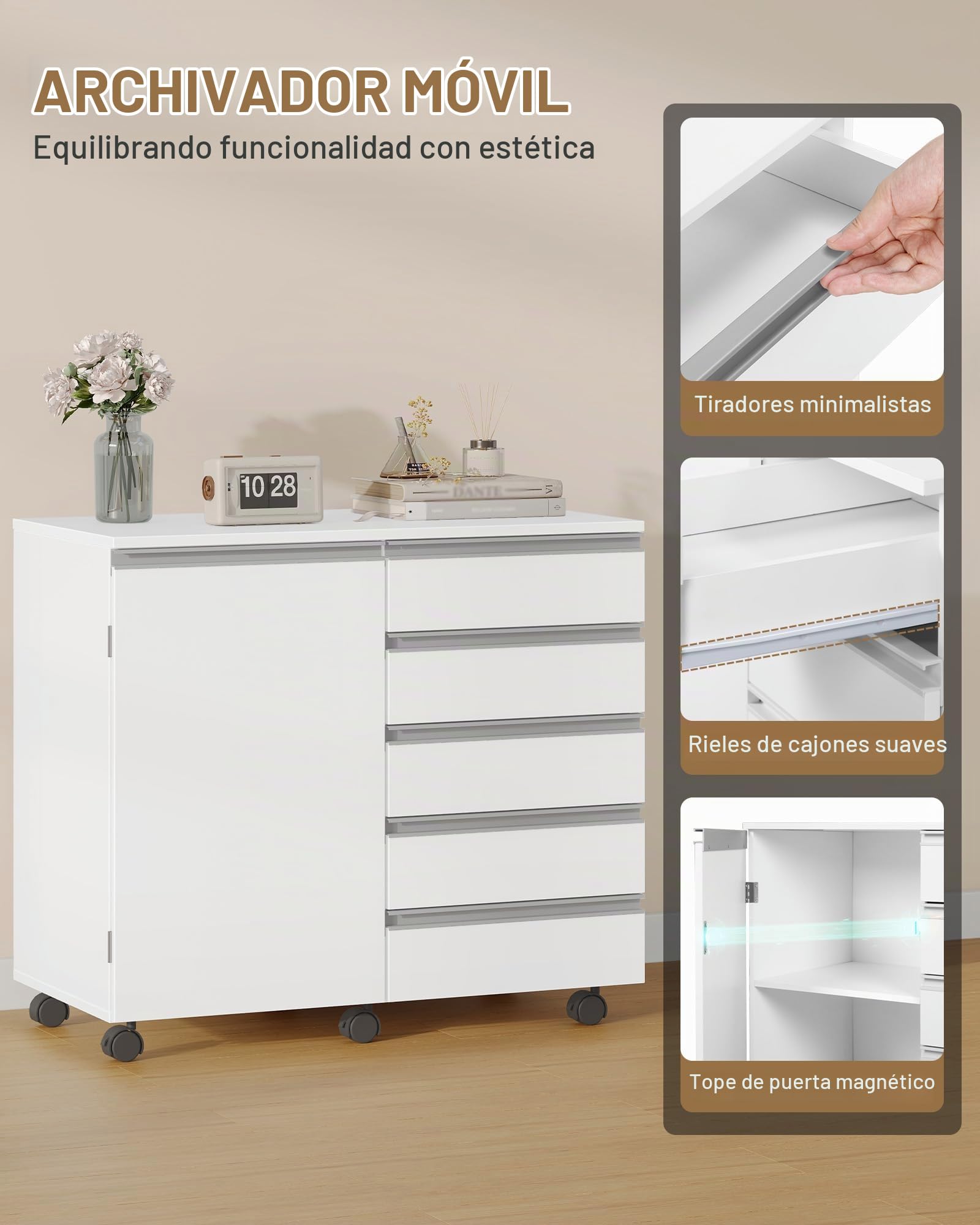 Hzuaneri Cajonera Escritorio con 5 cajones y Puerta de Armario, archivador móvil con Ruedas, Espacio de Almacenamiento para Oficina y Home Office, 40 x 80 x 70 cm, Blanco FC52503X