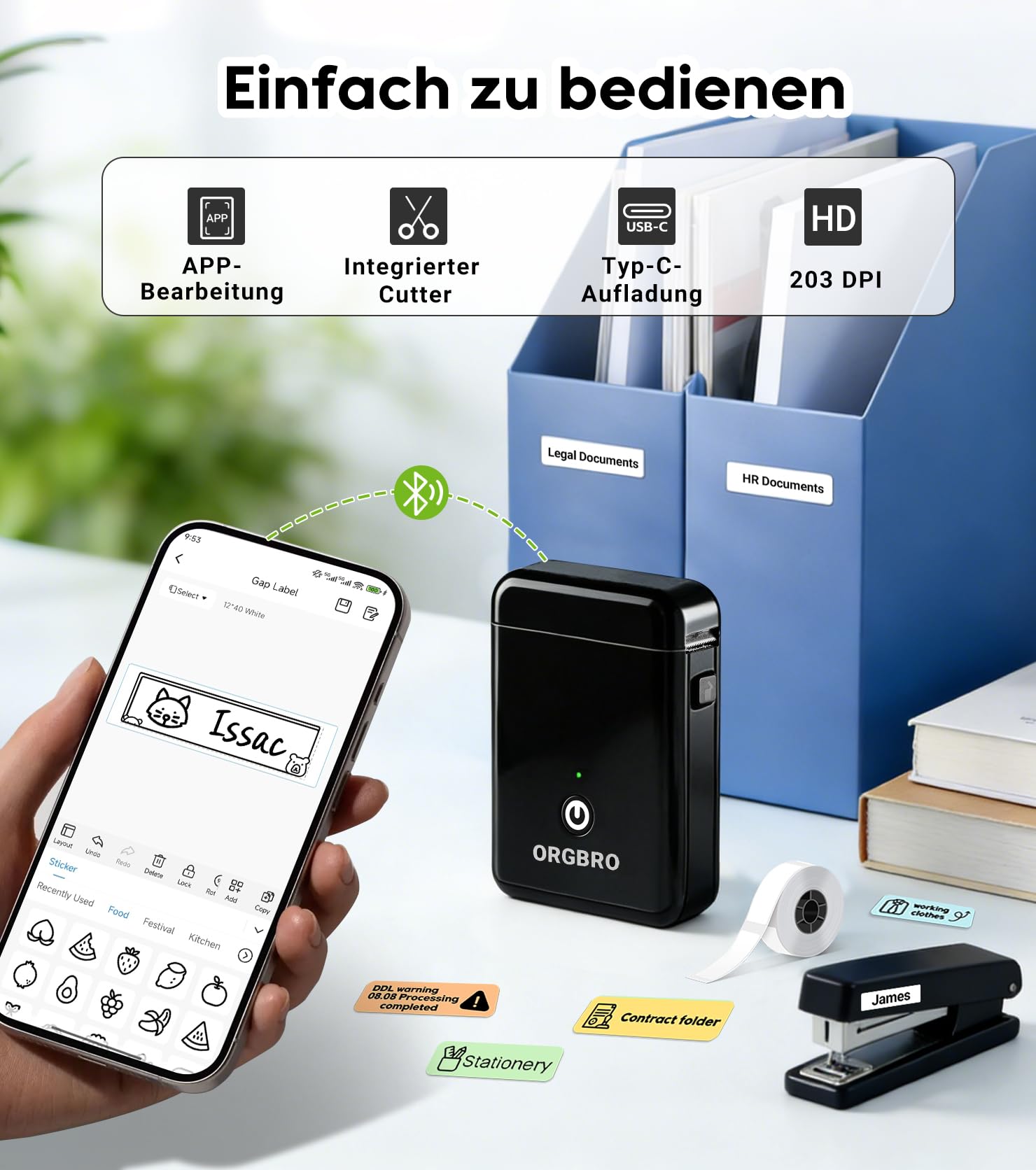 ORGBRO X1 Etikettendrucker, Etikettiergerät Mini Bluetooth Thermal Labeldrucker Selbstklebend Beschriftungsgerät, Tragbarer Label Maker für iOS/Android, Etikettiermaschine für Zuhause, Büro (Schwarz)