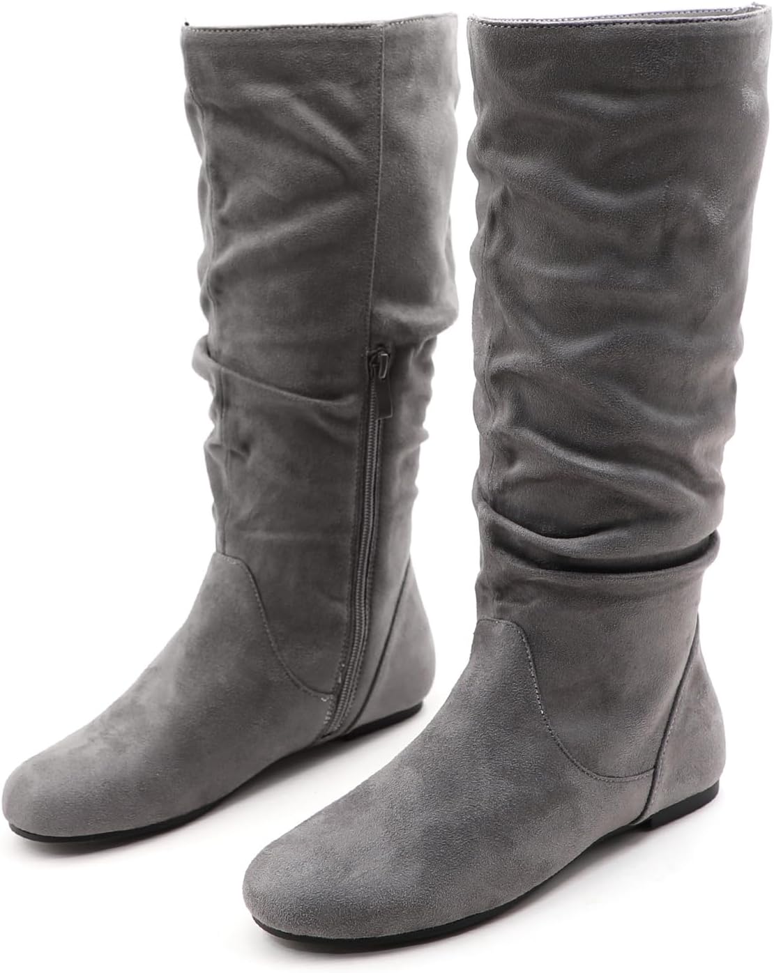 Women's Slouchy Mid Calf Boots Soft Faux Suede Flat Riding Boots Under Knee High Stackable Casual Warm Leg Warmers Zip Up Ladies Shoes