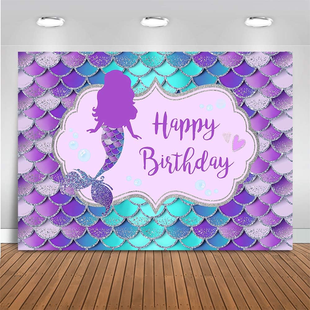 Discount 80% Mocsicka Mermaid Birthday Backdrop Under The Sea Birthday Party Decoration for Girl Blue Purple Scales Photography Background (7x5ft (82x60 inch))