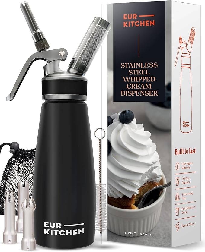 Amazon EurKitchen ステンレススチールプロフェッショナルホイップクリームディスペンサー 漏れないホイップクリーム
