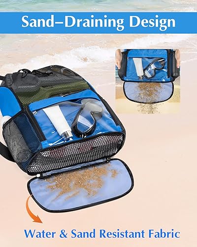 Miniatura 2 de Mochila de playa a prueba de arena con compartimento para zapatos y bolsillo húmedo, bolsa de natación de malla impermeable para piscina, Azul