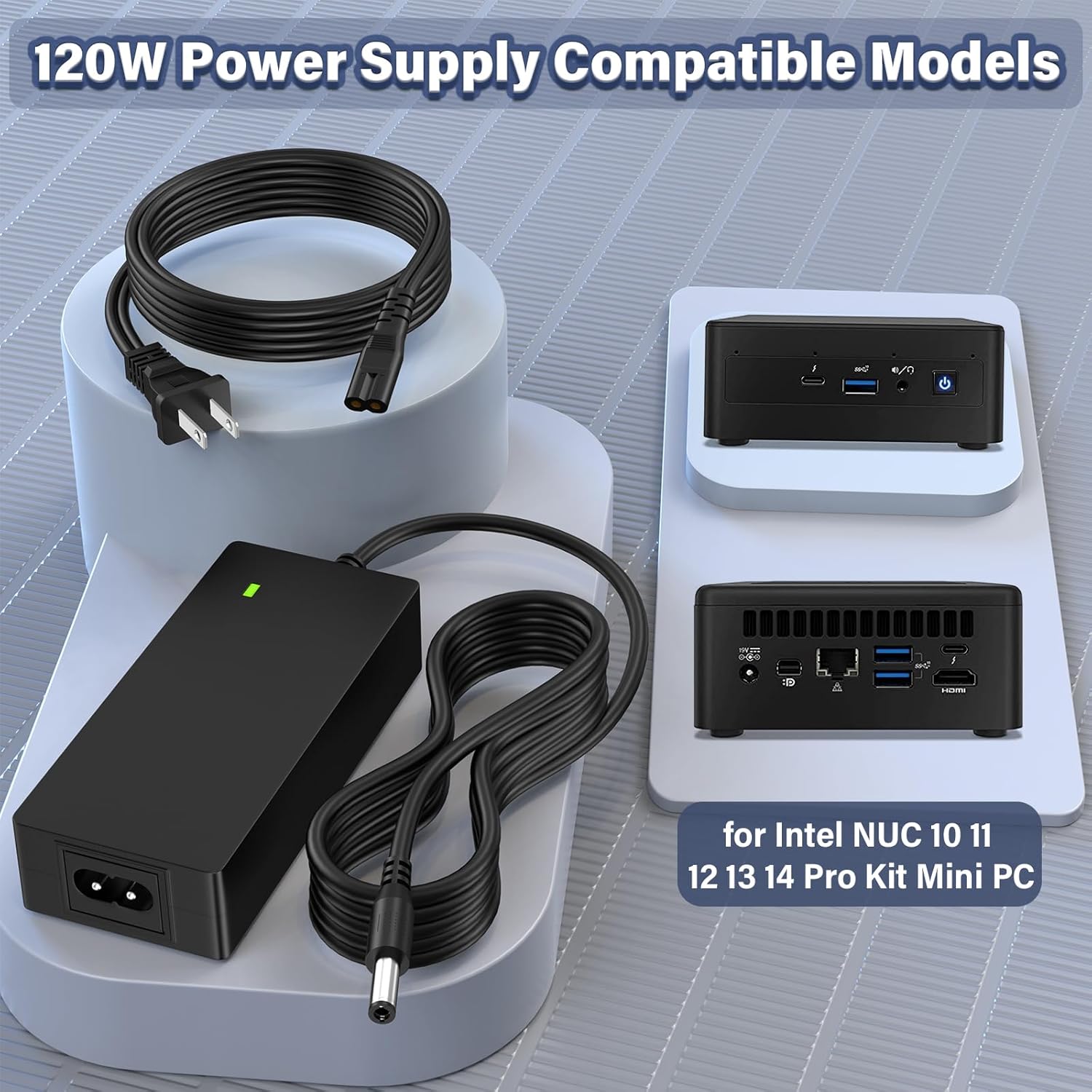 19V 6.3A 120W Mini PC Charger Replacement Fit for Intel NUC Mini Desktop Computer, Power Cord AC Adapter Compatible with Intel NUC 10 11 12 13 14 Pro Performance Kit NUC10i7FNH Processor
