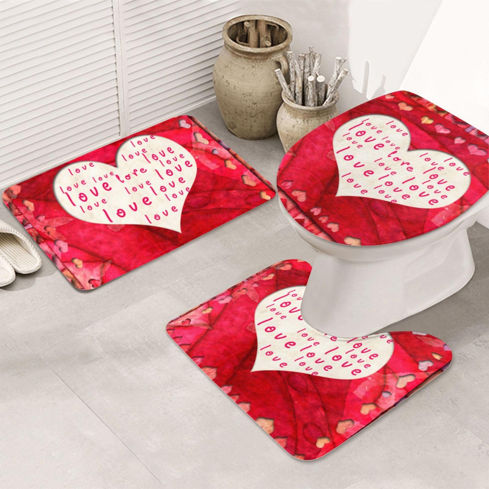 LAMAME Rutschfeste Badezimmerteppiche, Motiv: rote Herzen und Liebe, 3er-Set, für Küche, Badezimmer, Schlafzimmer, Bodenteppich