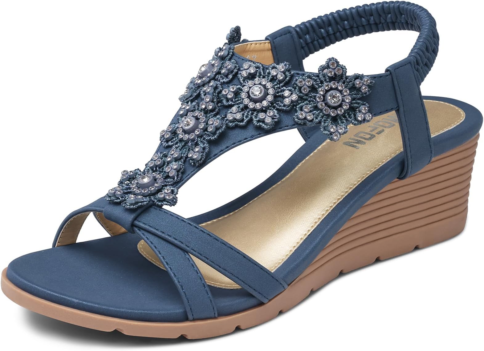 TEMOFON Women's Low Wedge Heels Summer Dressy Platform Sandals Elastic Ankle Strap Open Toe Flower Shoes