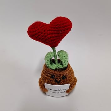 Handmade Emotional Funny Love Heart Potted Plants Gift, Creative Cute Wool Love Heart Doll with Positive Card, Crochet Gifts, Office and Home Decoration for Christmas/Birthdays Gifts1pcs