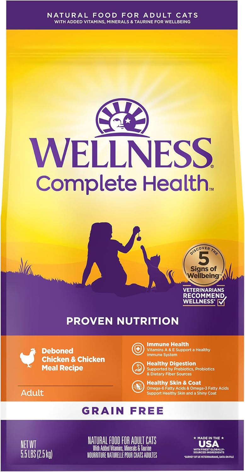 Wellness Complete Health Adult Dry Cat Food, Natural, Grain Free Kibble, Chicken Recipe, 5.5 lb Bag