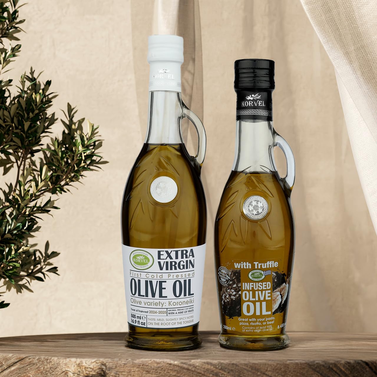 KORVEL Greek Olive Oil Gift Set – Extra Virgin Olive Oil 500ml (16.9 fl oz) + Truffle Flavored EVOO 250ml (8.45 fl oz) – Amphora Glass Bottles, 2-Pack