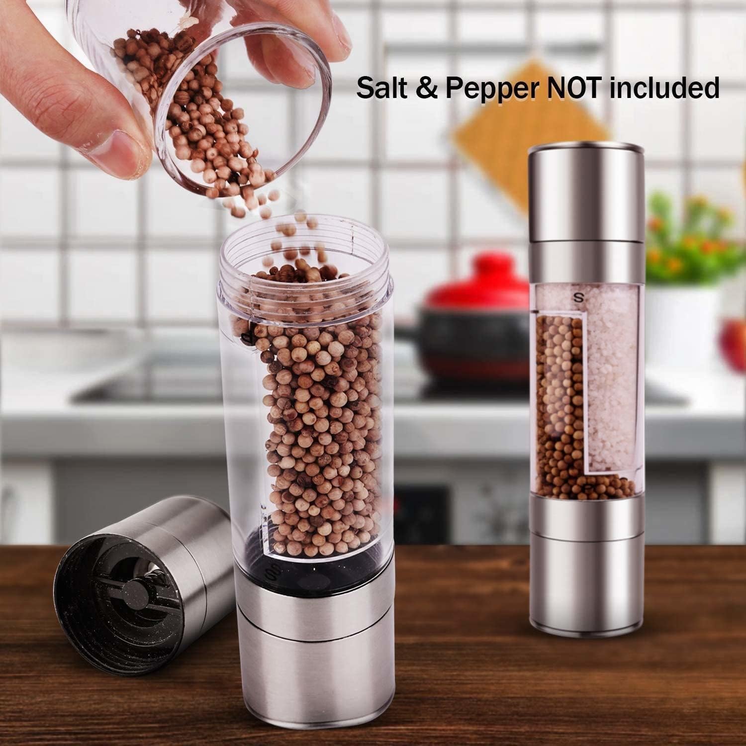 2 in 1 Pepper Mill Manual Salt and Pepper Grinder Set with Adjustable Ceramic Grinding Spice Grinder Stainless Steel(Argento