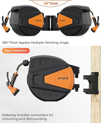 Miniatura 8 de Ayleid Carrete de manguera de jardín retráctil, 58 pulgadas x 100 pies, carrete de manguera montado en la pared, con boquilla rociadora de 9