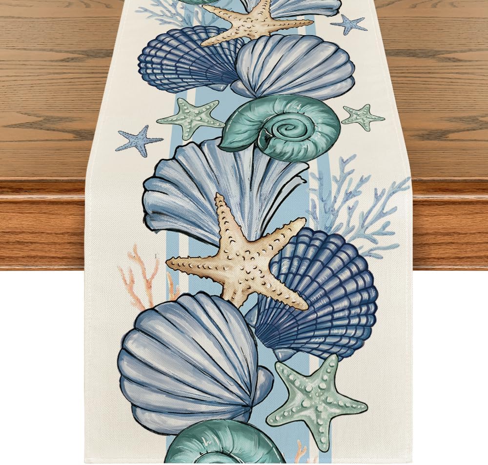Sea Ocean Summer Table Runner,Spring Ocean Kitchen Dining Table Seasonal Decoration for Home Party Decor 13x72 Inch