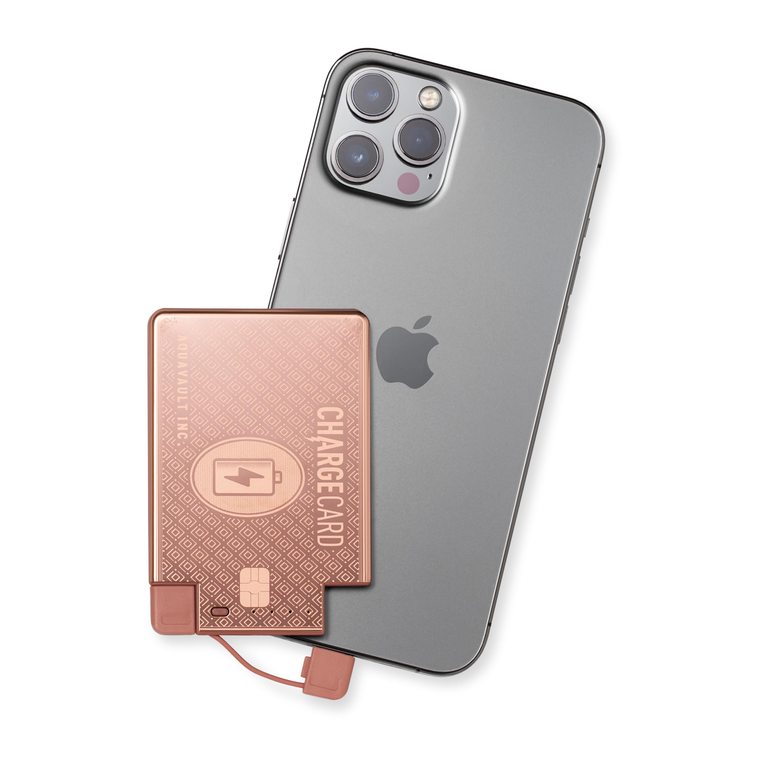 AquaVault ChargeCard – Ultra Slim Emergency Power Bank (2300mAh) – Fits in Wallet – USB-C & Micro-USB – Durable Steel Body – Flight-Safe Pocket Charger for iPhone 16/15/14/13/12, Android - (Rose Gold)