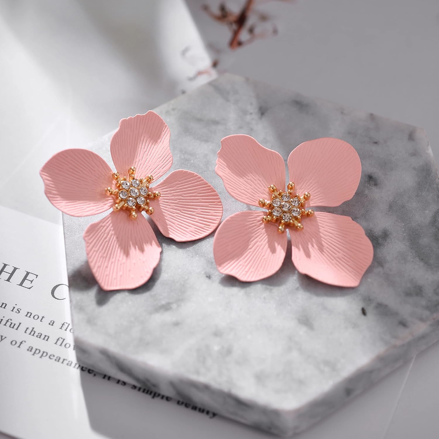 Nicole Miller Blush Four Leaf Flower Goldtone Center Crystal Rhinestone Stud Earrings