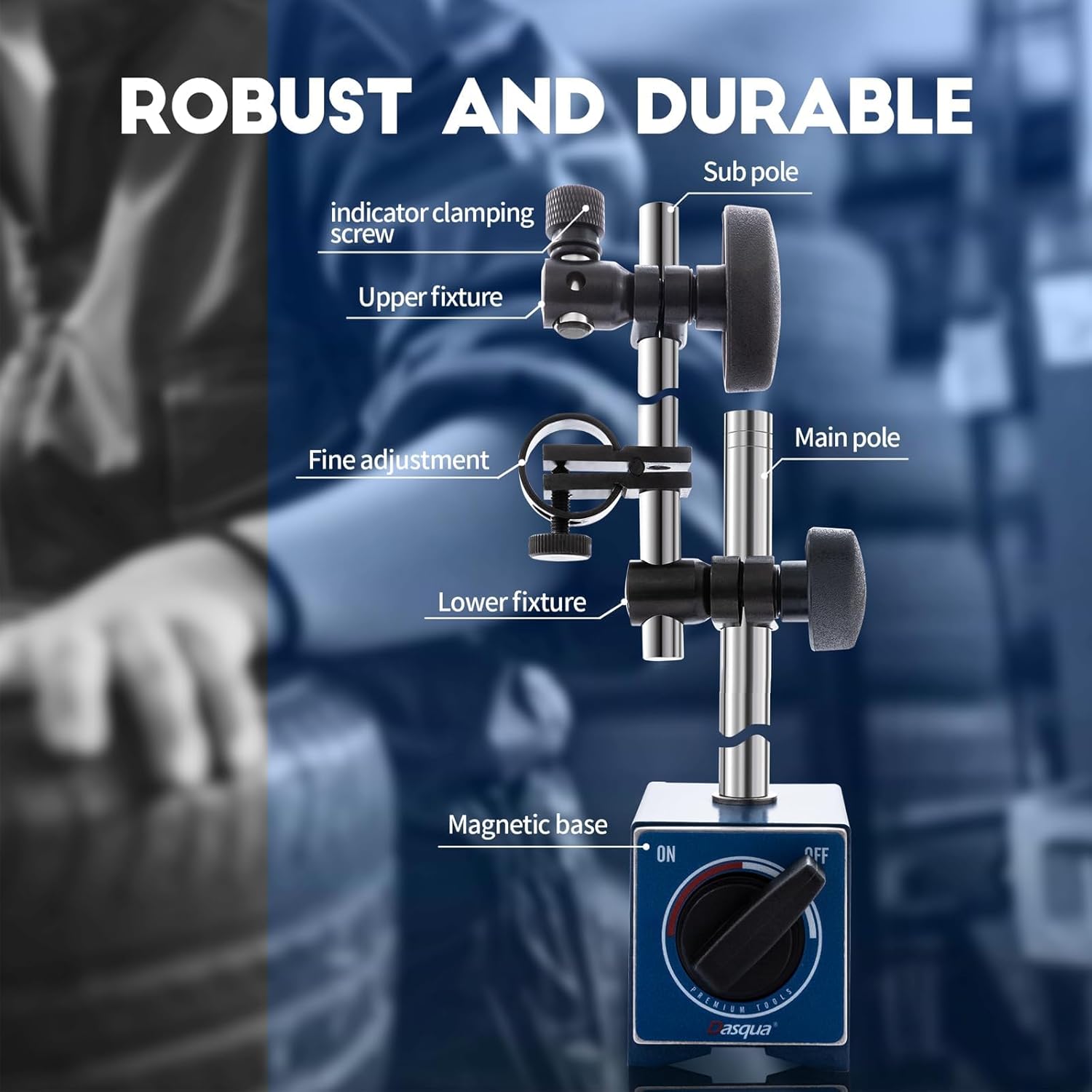 Dasqua Magnetic Base 7123-1005 with Fine Adjustable Magnetic Base Stand Holder for Most Dial Indicator Gauge, Clamping Hole 3/8" Pull Power 176lbs/80KG