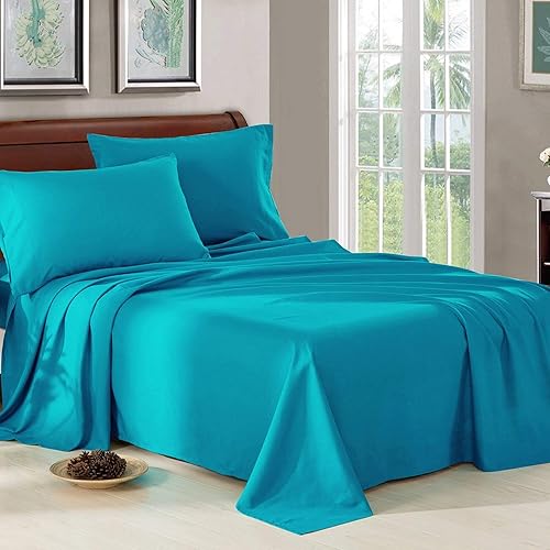 Miniatura 1 de Juego de sábanas de algodón egipcio de 550 hilos, 55 a 29.9in, bolsillo extra profundo, color turquesa sólido