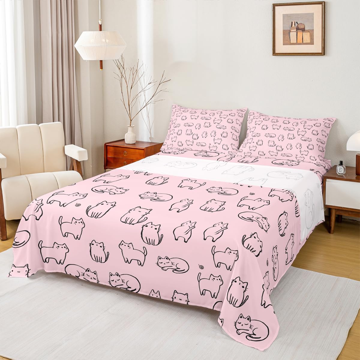 Cute Cat Bed Sheet Set Twin Size,Kawaii Cats Pet Animals Sheet Set Kids Teens,Kitten Silhouette Pink Bedding Decor Set with 1 Flat &amp; 1 Fitted Sheet with 1 Pillow Sham