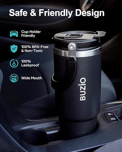 Miniatura 5 de BUZIO Vaso de 30 oz con asa, vaso aislado con tapa 2 en 1 y pajita, vaso de acero inoxidable aislado al vacío, para café helado, botella de agua