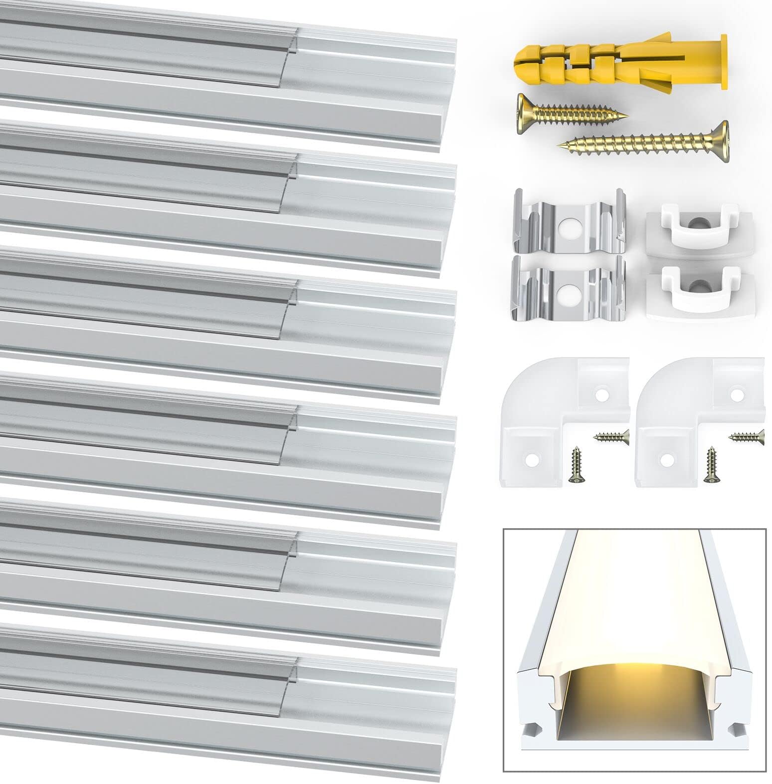 Jirvyuk Led Aluminum Profile, 6 Pack 1m/3.3ft U-Shape Led Channel and Diffuser with Transparent Cover, End Caps and Metal Mounting Clips, Led Strip Profile for Indoor Led Strip Lights(Transparent)