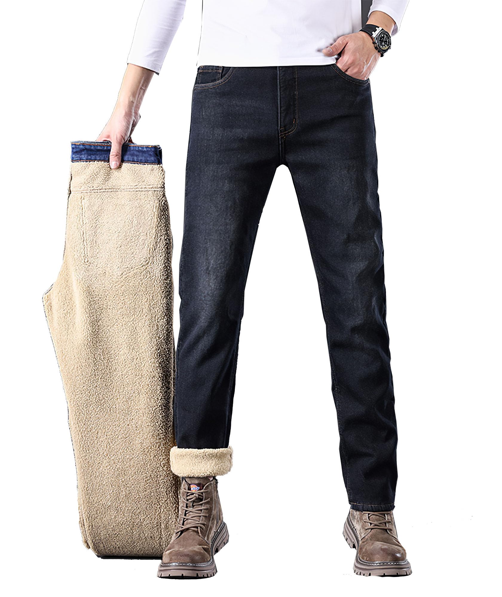 Mens Fleece Lined Jeans Straight Leg Stretch Winter Warm Denim Pants