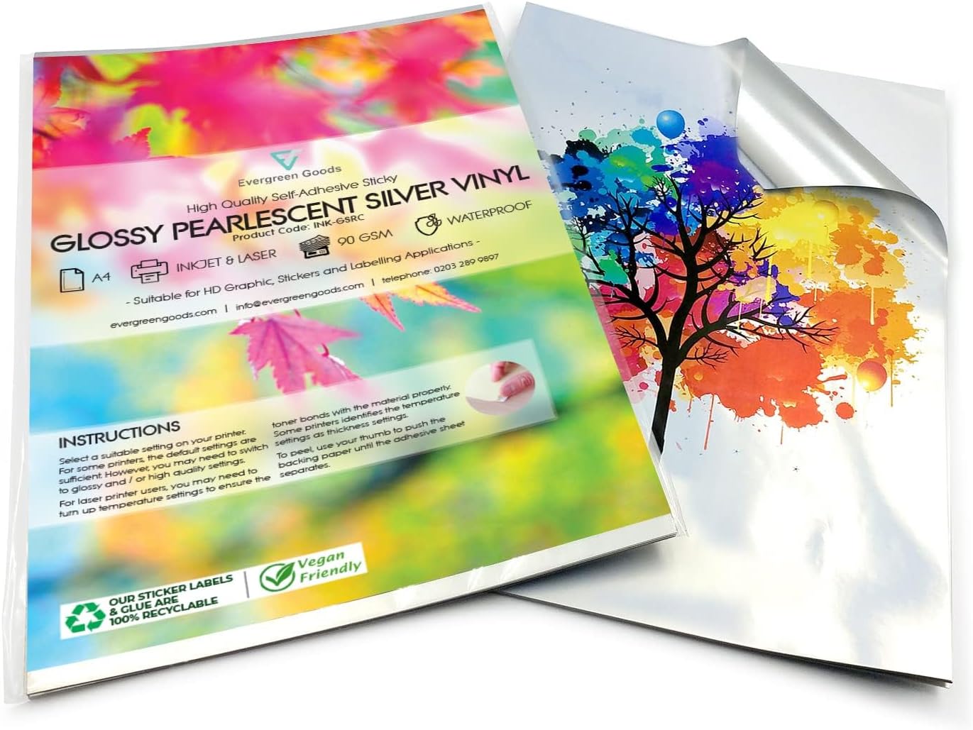 Evergreen Goods Ltd 10 Sheets of A4 Premium Waterproof Glossy Metallic Pearl Silver Vinyl Sticker Sheets | Strong Sticky Back - Inkjet and Laser Printable | Glossy Papers for Labels/Photo Printing