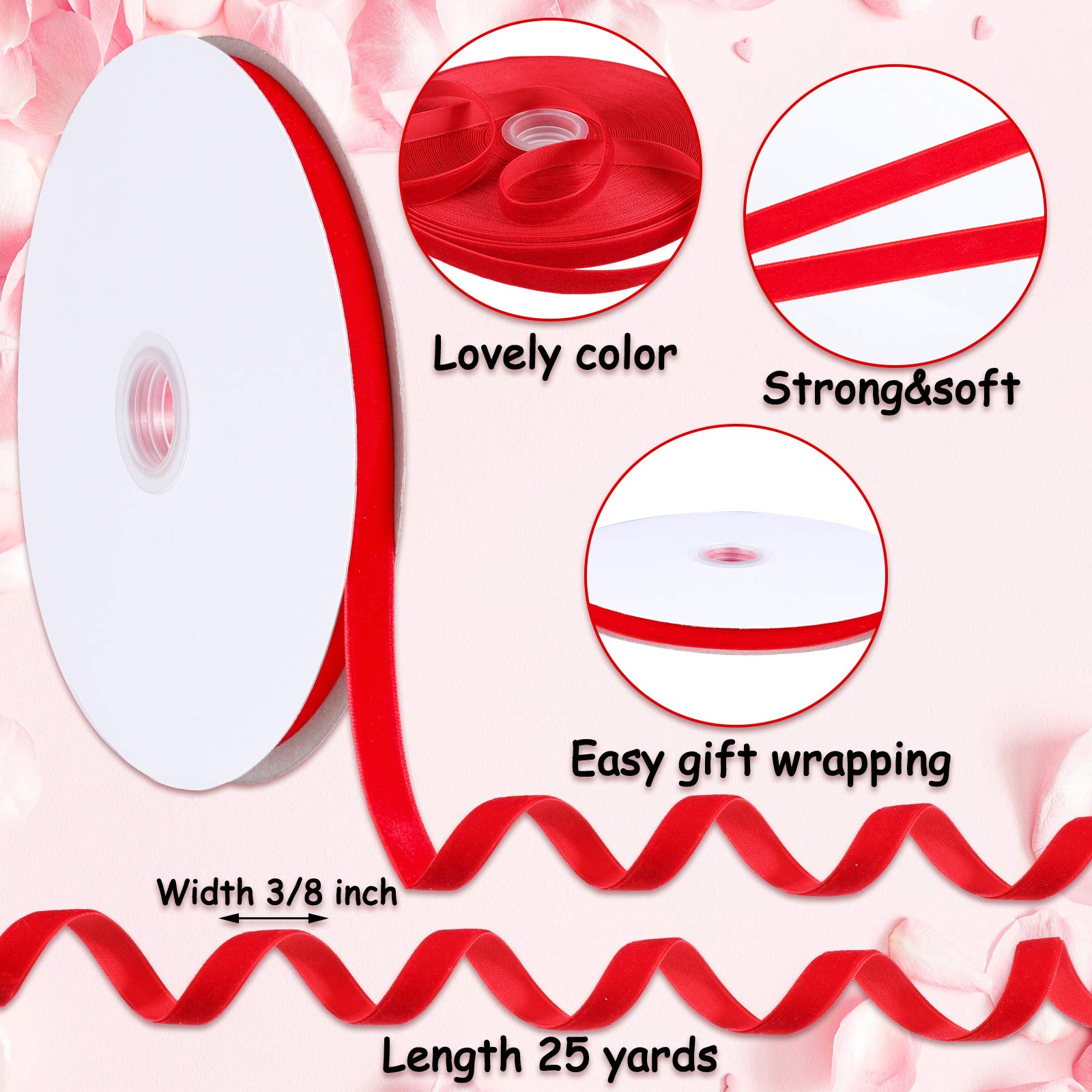 2 Rollen Valentinstag Samtband 3/8 Zoll x 25 Yard Einseitig Breites Einfarbiges Samtband für Valentinstag Basteln Verpackung Hochzeit DIY Dekoration Geschenke, Rot, Rosa