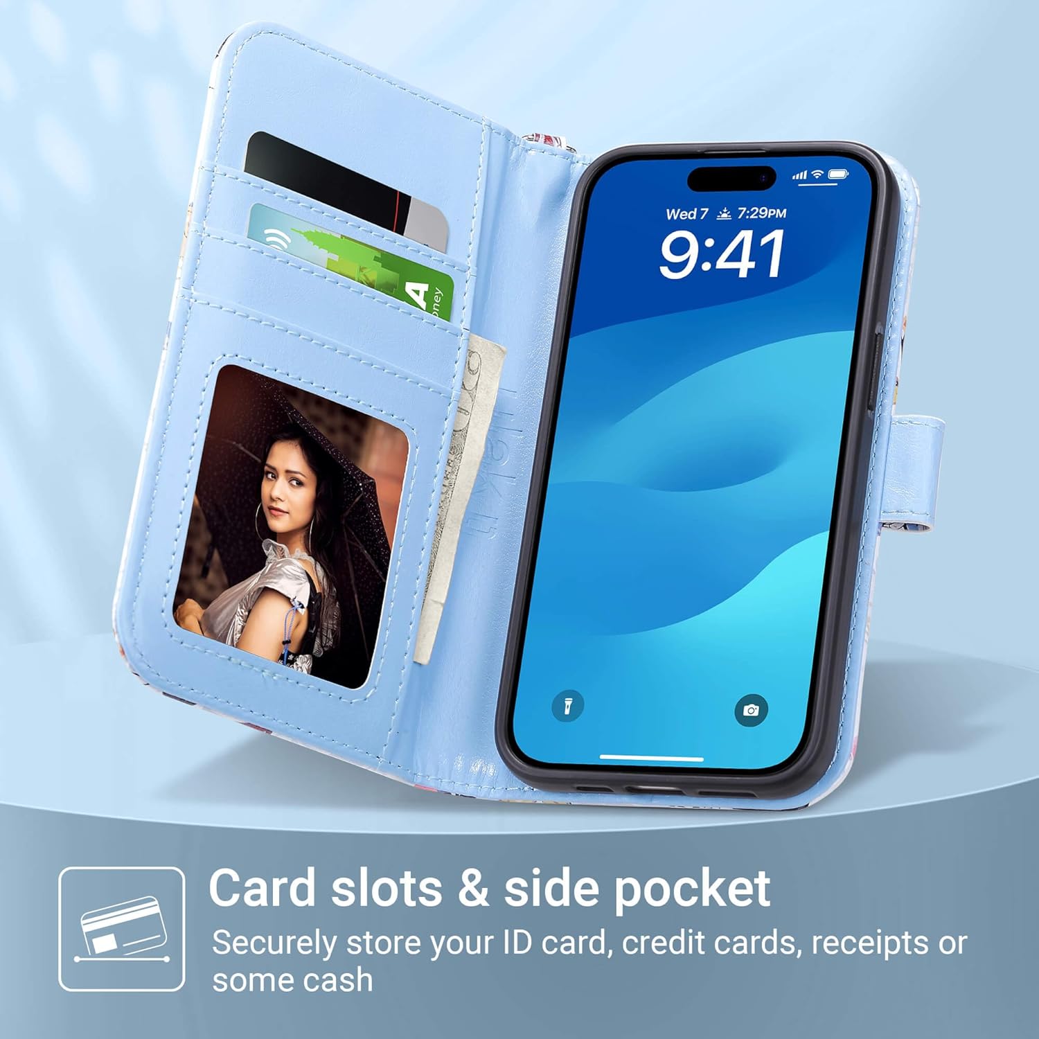 ULAK Compatible with iPhone 15 Pro Wallet Case with Card Holder, Flower Flip Case Wallet for Women Girls PU Leather Kickstand Wrist Strap Shockproof Phone Cover for iPhone 15 Pro 6.1", Forest - Image 2