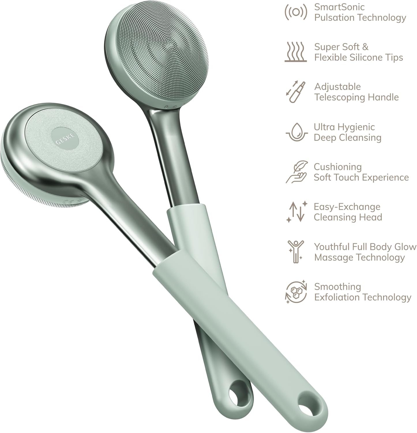 GESKE Sonic Full-Body Brush & Intensive Exfoliator | 8 in 1 | Electric Body Cleansing Brush | With SmartSonic Pulsations | Deep Cleansing, Exfoliation, Massage | Extendable Handle | Rough Skin Remover