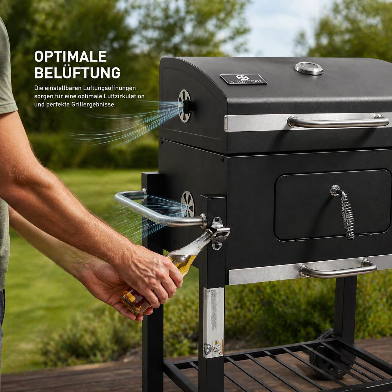 Holzkohlegrill XL BBQ Grillwagen Verstellbarer Standgrill mit Deckel Quadratischer Barbecue Gartengrill aus Eisen - Garten Camping Terrasse - Grillrost und Thermometer Holzkohle Grill