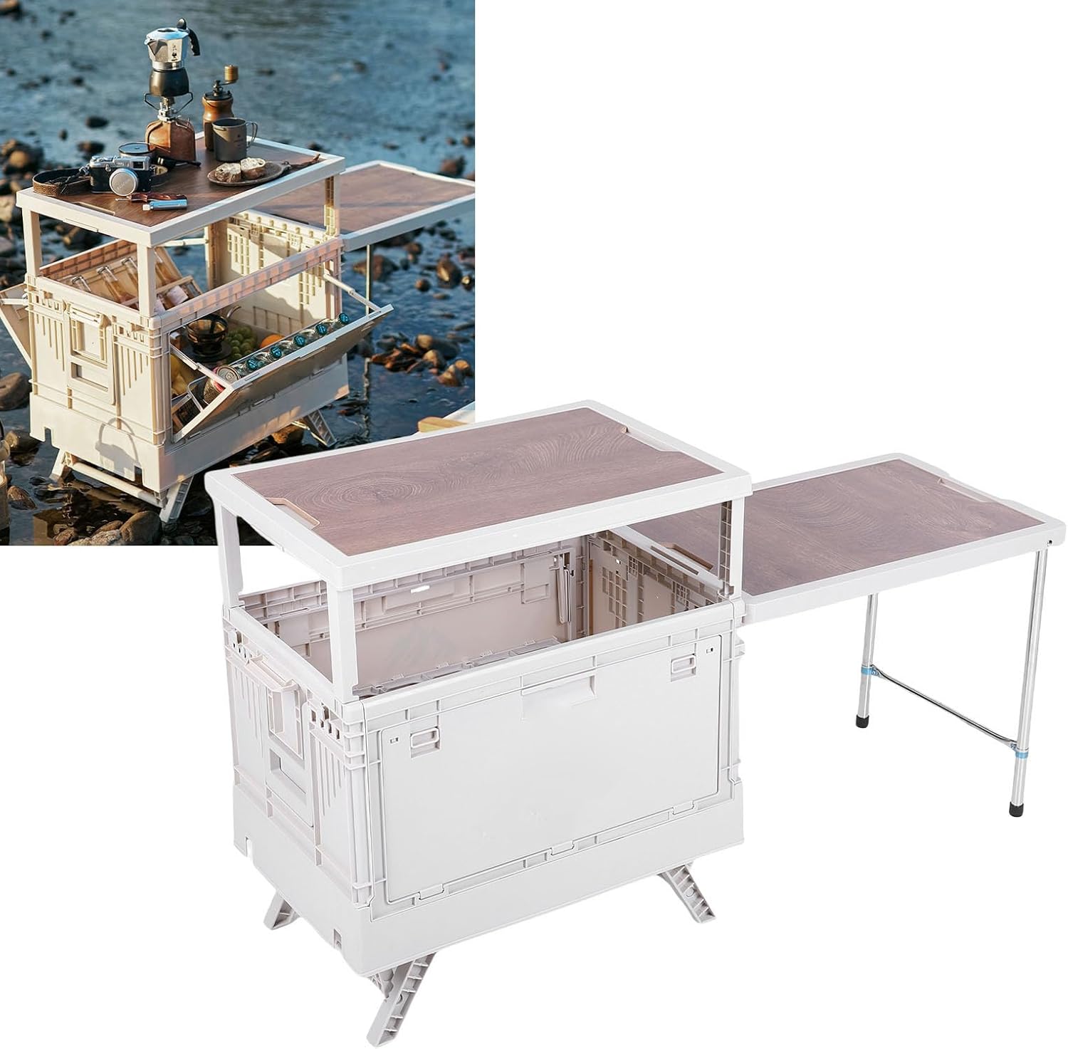 AUNMAS Folding Storage Camping Box with Table, Multi Functional Camp Collapsible Bins for Patio BBQ Picnic Glamping Traveling (White)