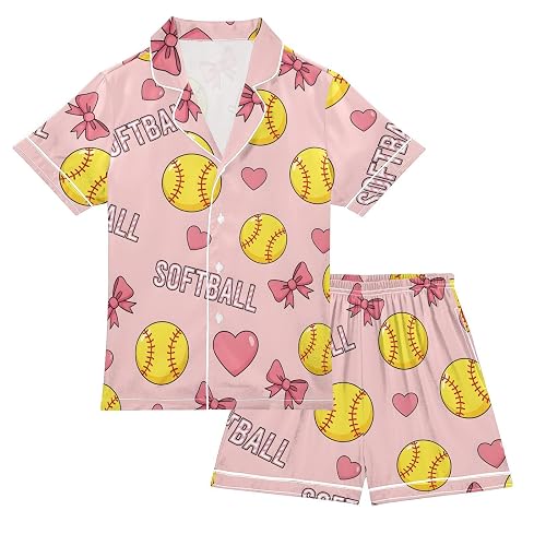 JULYTO Satin Pajama Sets Short Sleeve Volleyball Balls with Blue Bows Button Down Silky Nightwear 2 Piece PJS 5-14Y