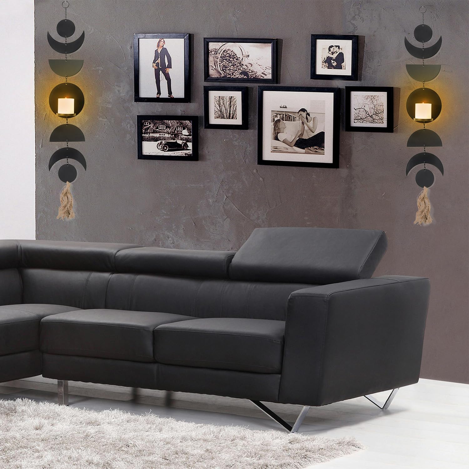 Wandhalter für Kerzen, Schwarz Metall Wandkerzenhalter, Kerzenständer für Wandmontage, Groß Boho Hänge Wand Kerzenhalter Deko(2er Set)