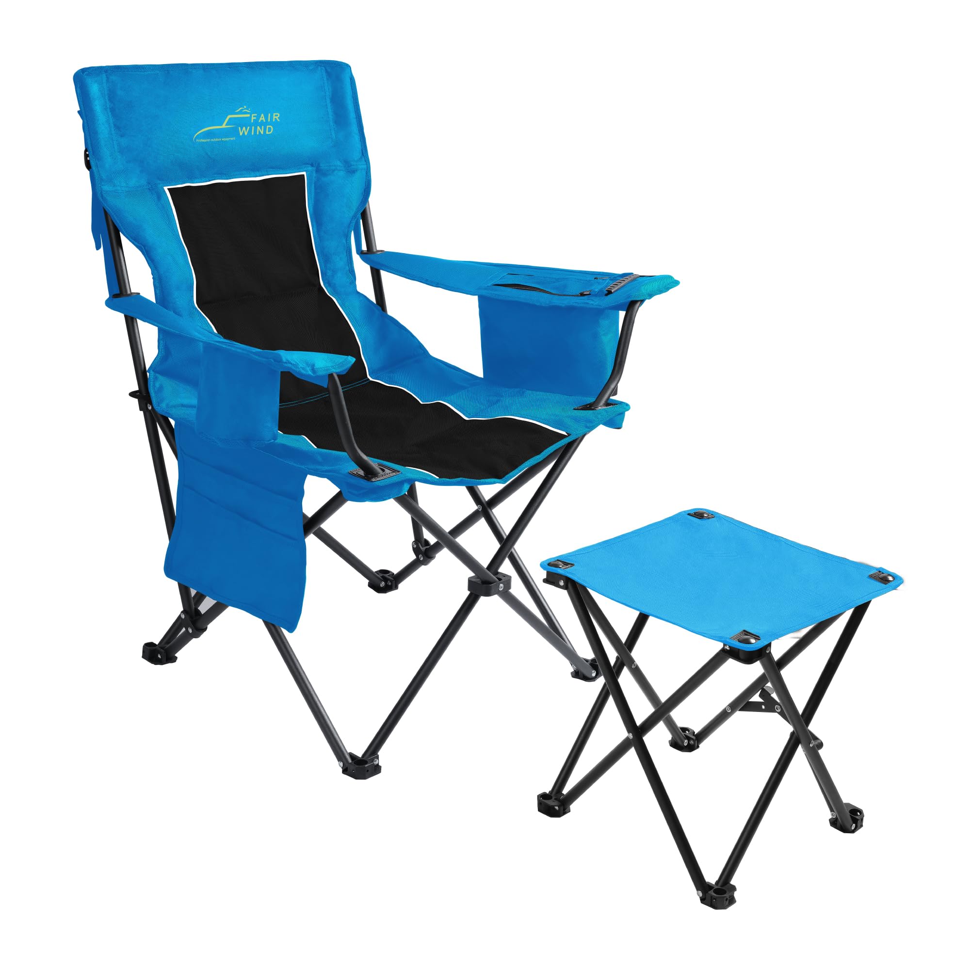 FAIR WIND Oversized Padded Camping Chair with Footrest Stool Set Heavy Duty Support 300 LBS Cooler Bag Chair - Black